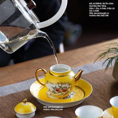 BỘ ẤM CHÉN QUẢ ĐÀO MEN VÀNG